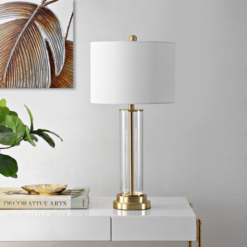 Modern Elegance Glass Table Lamp: Transparent Glass Body, Soft Fabric Shade & Sturdy Metal Base