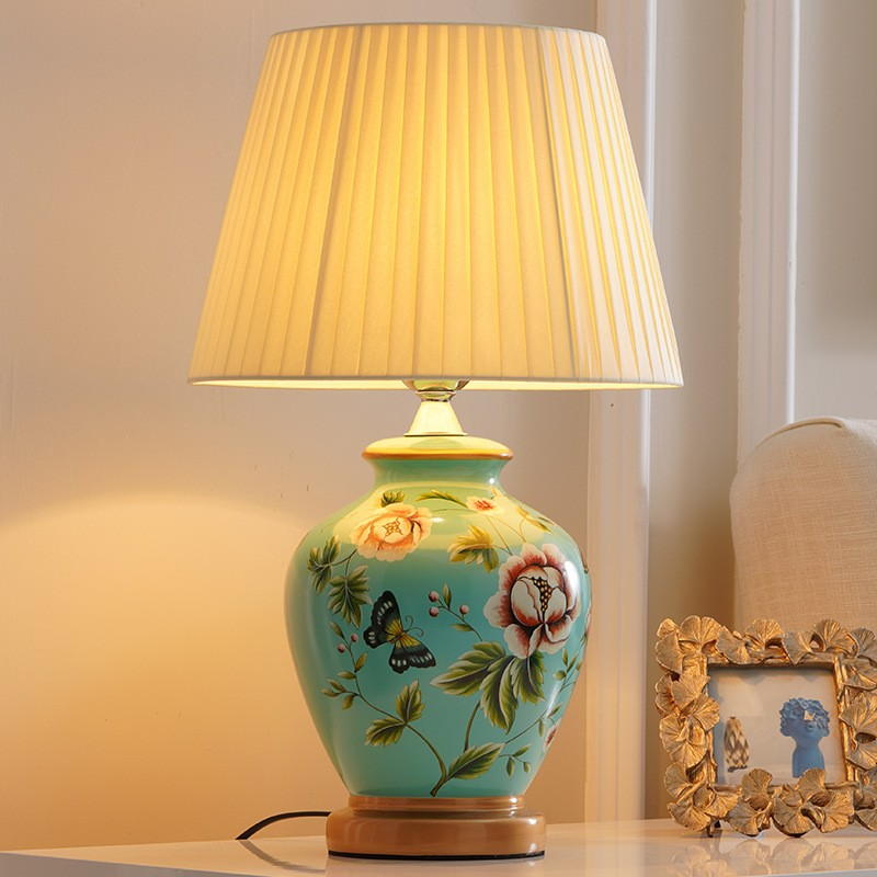 Hand-Painted Ceramic Table Lamp: Vintage Floral & Bird Artistry