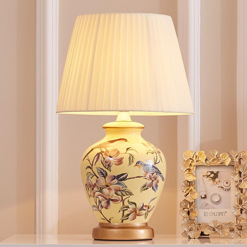 Hand-Painted Ceramic Table Lamp: Vintage Floral & Bird Artistry
