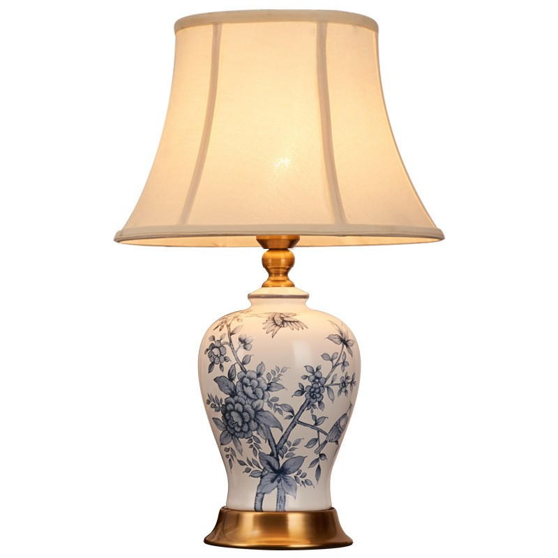 Blue and White Porcelain Table Lamp with Pleated Shade - New Chinese Elegance