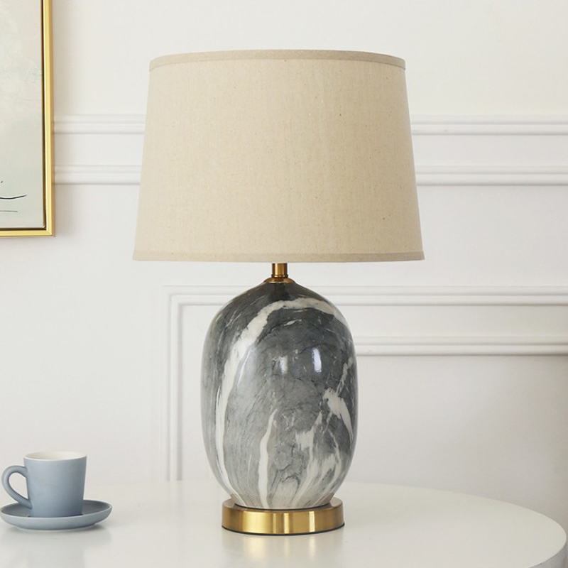Marble-patterned Ceramic Table Lamp with Metal Base & Fabric Shade