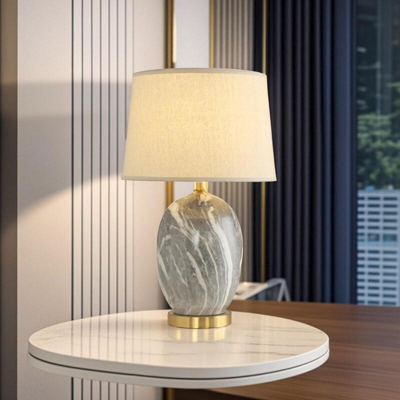 Marble-patterned Ceramic Table Lamp with Metal Base & Fabric Shade