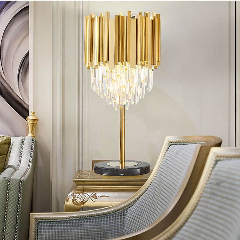Luxury Crystal Table Lamp: Gold Aluminum Shade & Marble Base