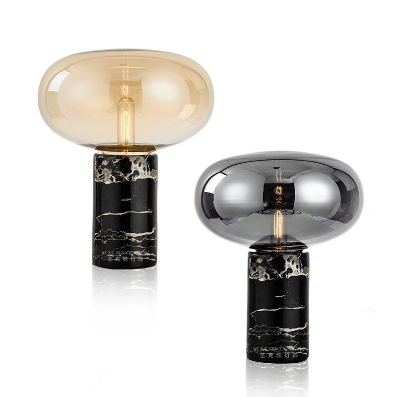 Modern Artistry in Light: Amber & Smoke Glass Table Lamps with Marble Base – Elevate Spaces with Timeless Sophistication