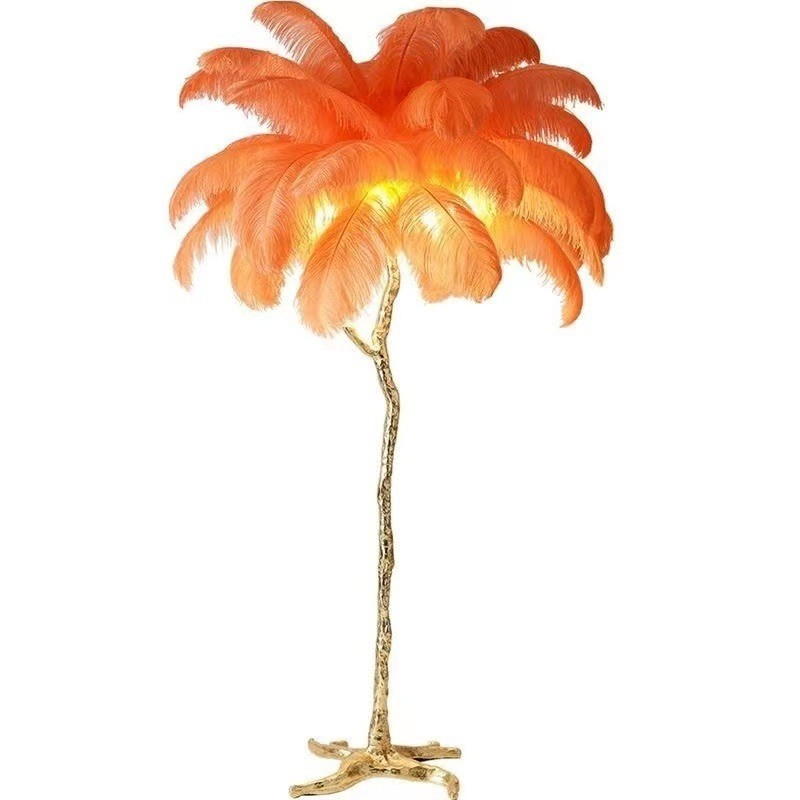Artistic Feather Floor Lamp: Gold Resin Tree Trunk Design