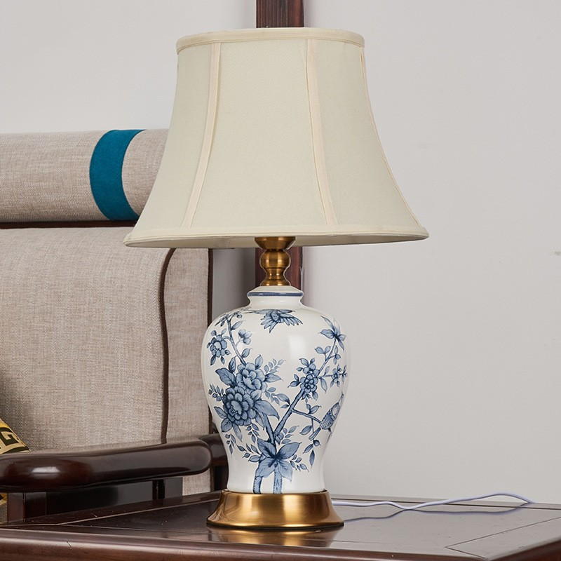 Blue and White Porcelain Table Lamp with Pleated Shade - New Chinese Elegance