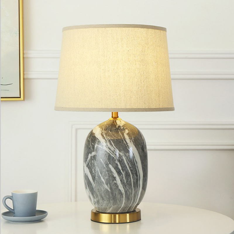 Marble-patterned Ceramic Table Lamp with Metal Base & Fabric Shade