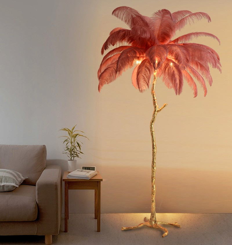 Tropical Ostrich Feather Floor Lamp: Resin Palm Tree Silhouette + Luxe Plumage for Bold Interior Statements