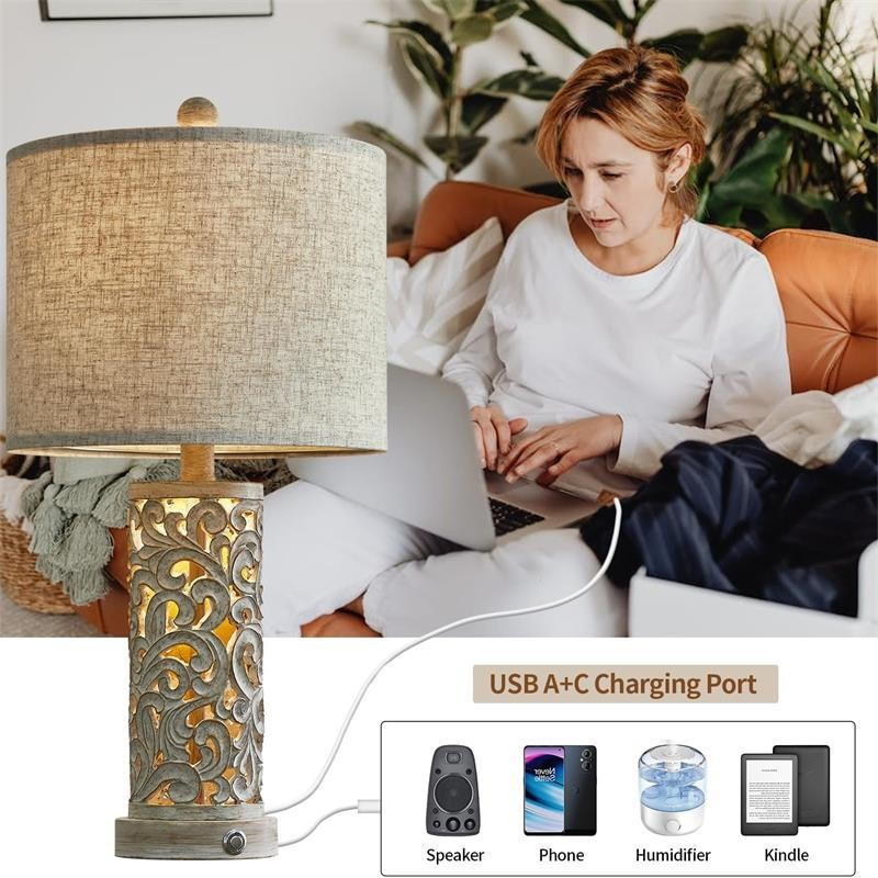 Farmhouse Table Lamp: Rustic Elegance Meets Modern USB - C/ A Charging