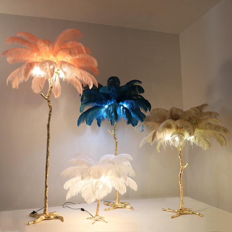 Tropical Ostrich Feather Floor Lamp: Resin Palm Tree Silhouette + Luxe Plumage for Bold Interior Statements