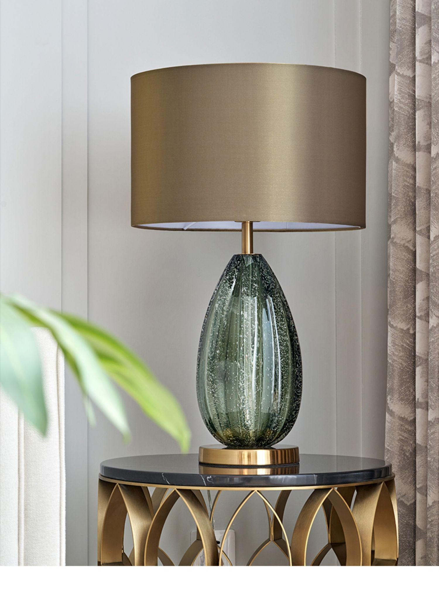 Modern European Grey - Green Glazed Table Lamp: Artisanal Glass & Wrought Iron Elegance