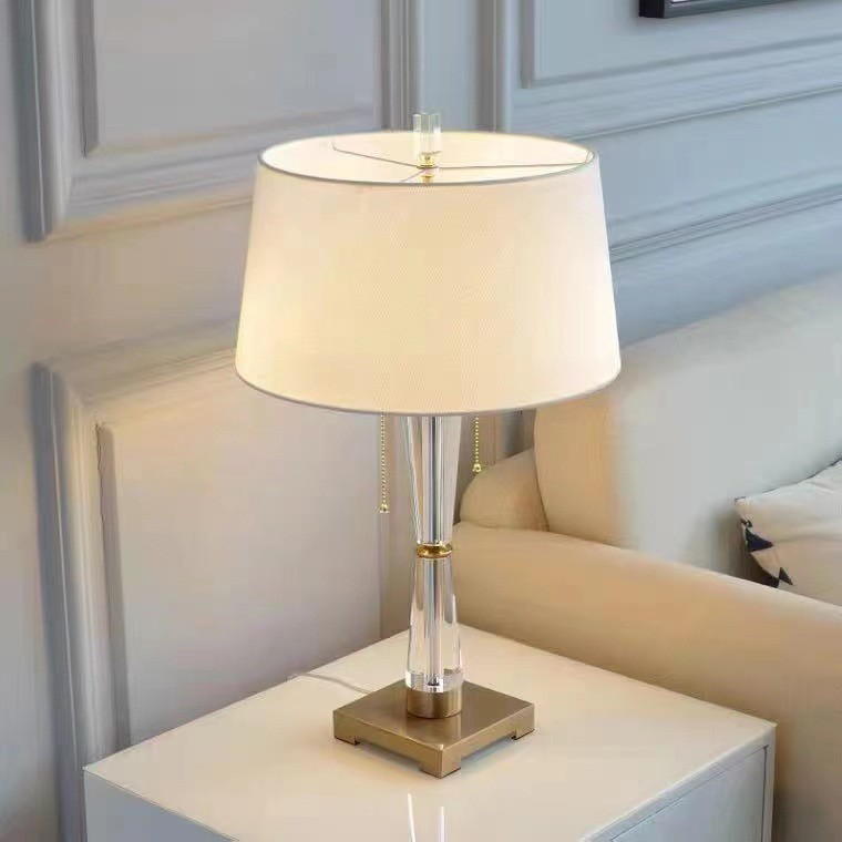 Modern Luxury Crystal Table Lamp: Dual E26 Elegance with Crystal Column, Metal Base & Fabric Shade