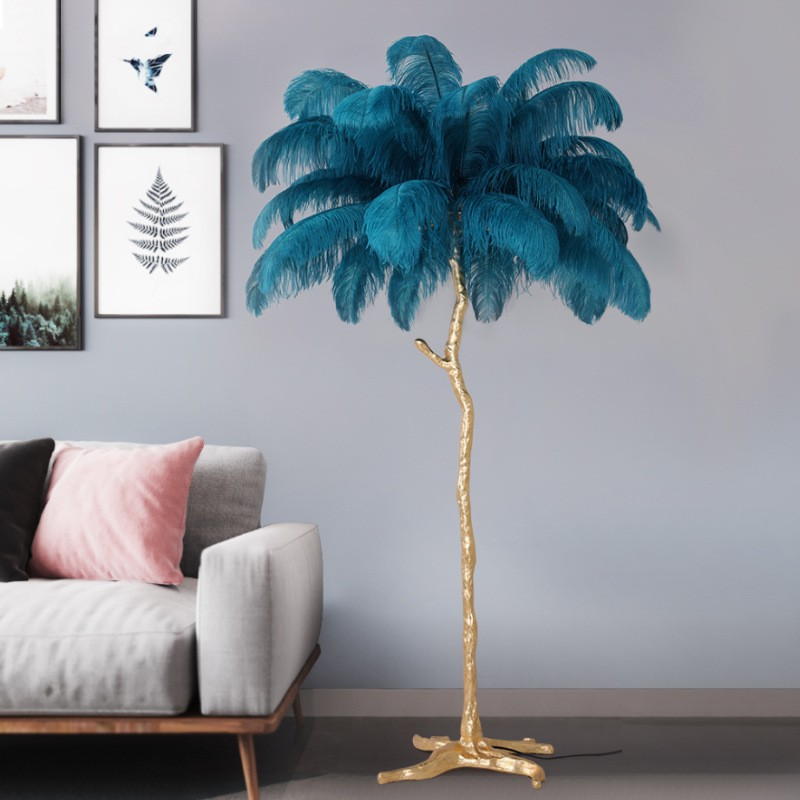 Tropical Ostrich Feather Floor Lamp: Resin Palm Tree Silhouette + Luxe Plumage for Bold Interior Statements