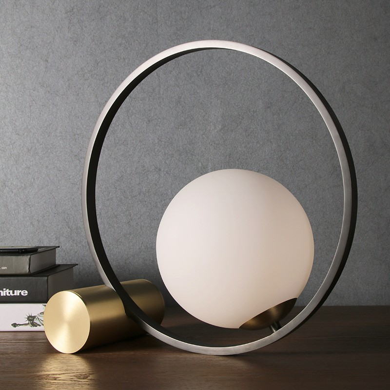 Modern Sculptural Table Lamp: Milk Glass Globe & Metal Frame Fusion for Art-Infused Spaces