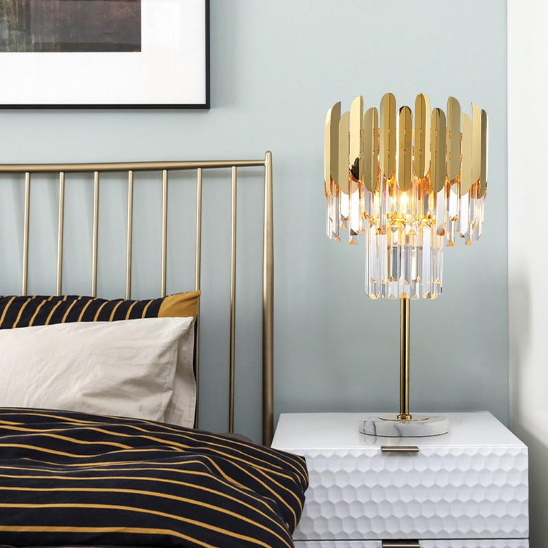 Luxury Crystal Accent Table Lamp: Stainless Steel Shade, Crystal Pendants & Marble Base