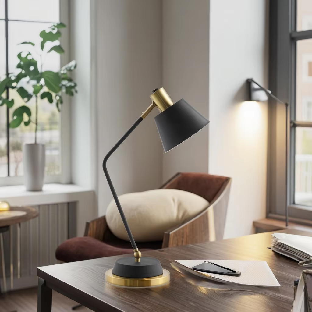 Modern Adjustable Black & Gold Desk Lamp: Flexible Lighting for Contemporary Spaces
