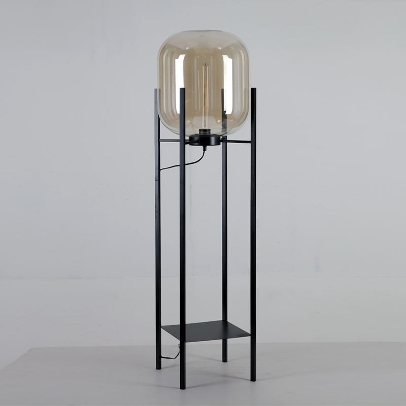 Industrial Multifunctional Glass Floor Lamp: Iron Frame with Storage Shelf