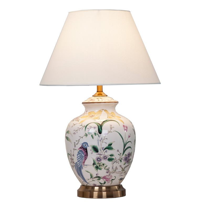 Artisanal Floral & Bird Ceramic Table Lamp: Hand-Painted Design with Fabric Shade