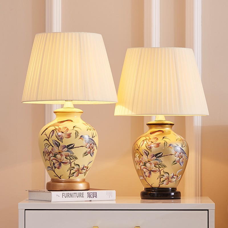 Hand-Painted Ceramic Table Lamp: Vintage Floral & Bird Artistry