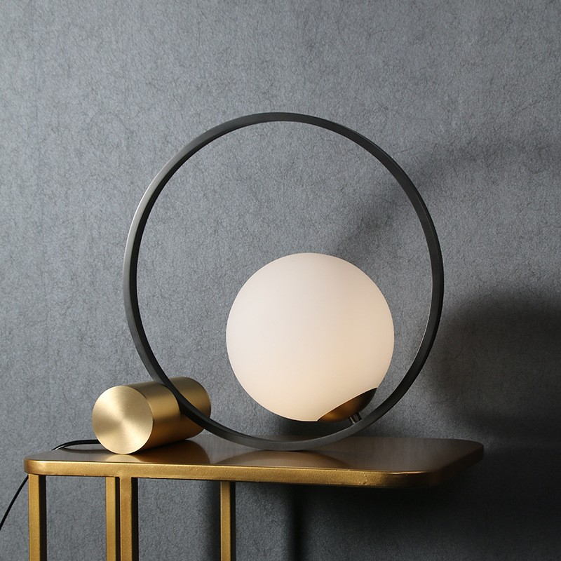 Modern Sculptural Table Lamp: Milk Glass Globe & Metal Frame Fusion for Art-Infused Spaces