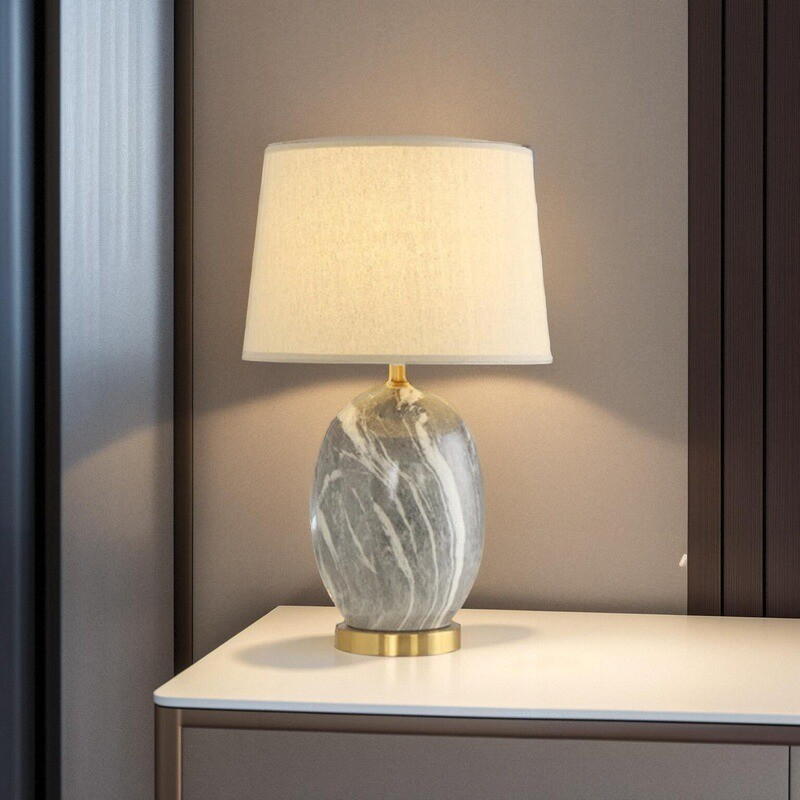 Marble-patterned Ceramic Table Lamp with Metal Base & Fabric Shade