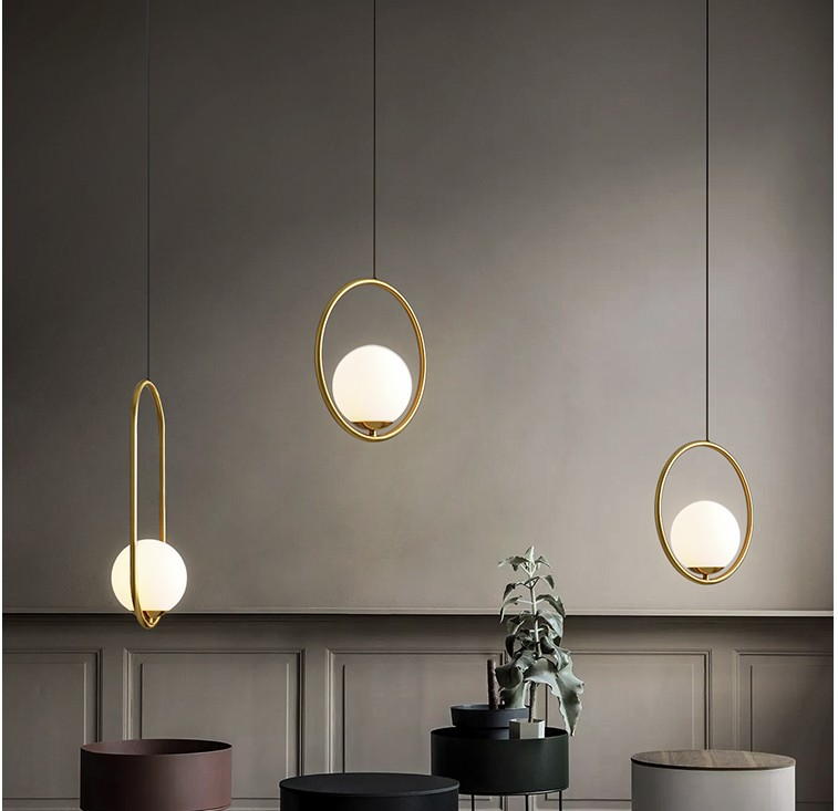 Modern Gold Ring Pendant Lamp with Milk White Glass Globe