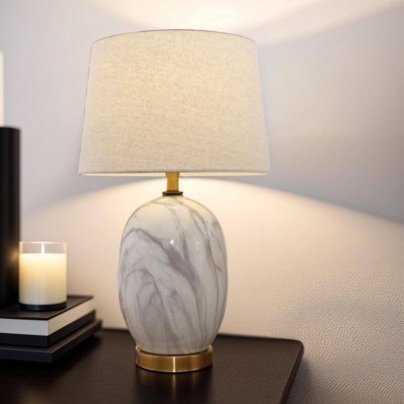 Marble-patterned Ceramic Table Lamp with Metal Base & Fabric Shade