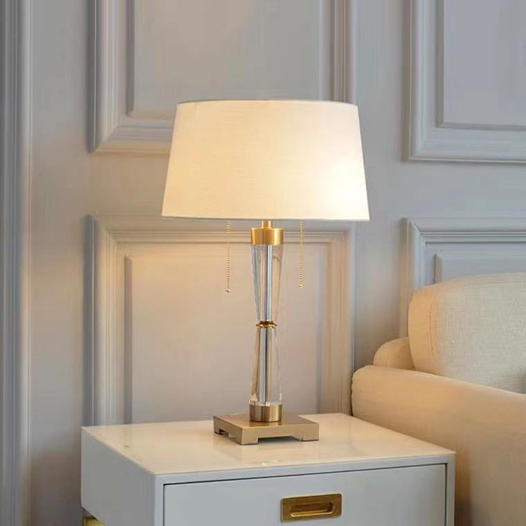 Modern Luxury Crystal Table Lamp: Dual E26 Elegance with Crystal Column, Metal Base & Fabric Shade