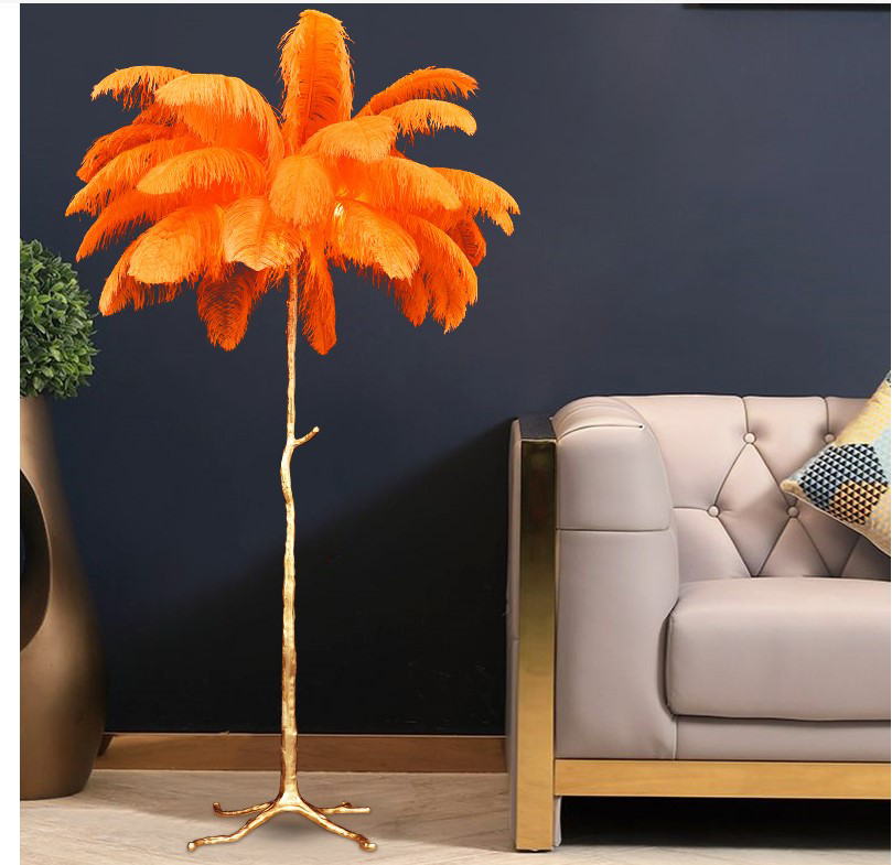 Artistic Feather Floor Lamp: Gold Resin Tree Trunk Design