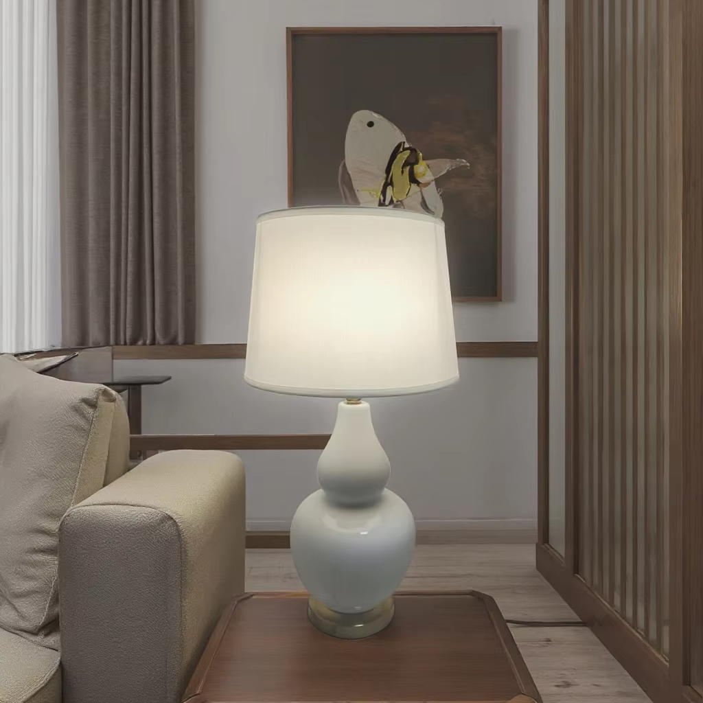Elegant Gourd - Shaped Ceramic Table Lamp with Linen Shade