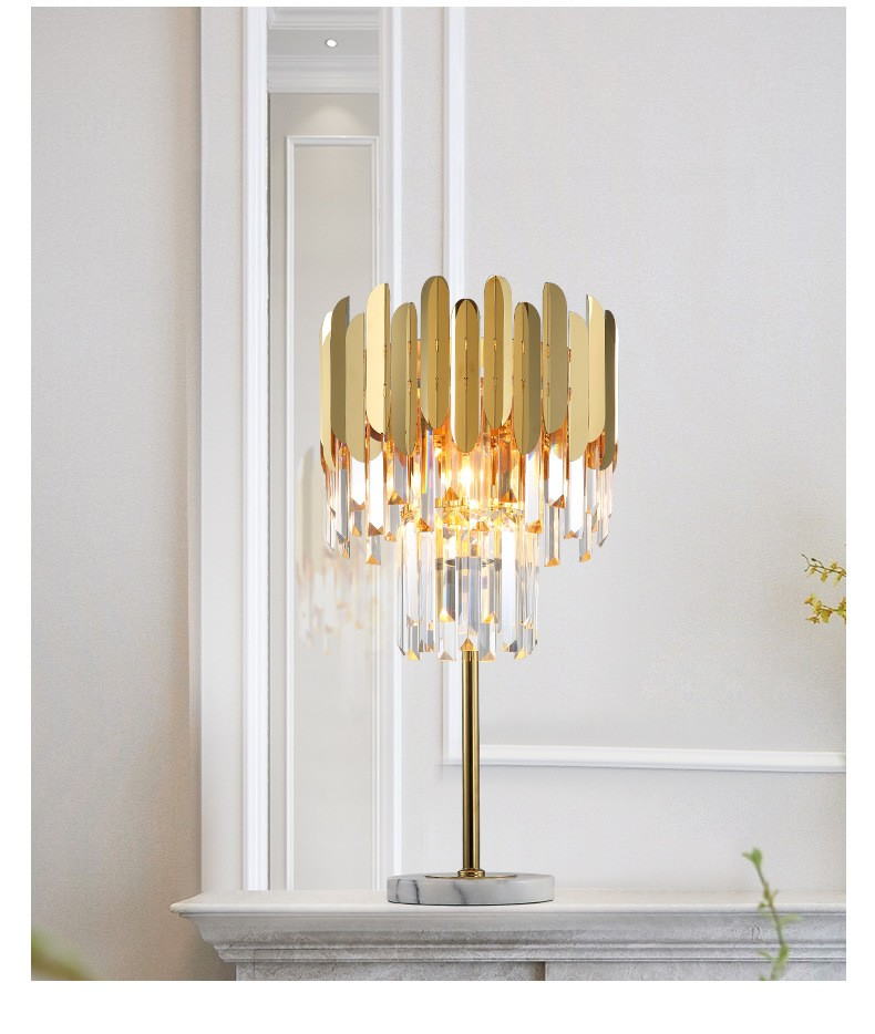 Luxury Crystal Accent Table Lamp: Stainless Steel Shade, Crystal Pendants & Marble Base