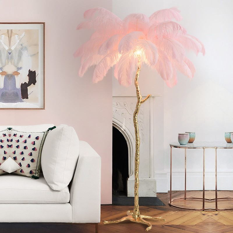 Tropical Ostrich Feather Floor Lamp: Resin Palm Tree Silhouette + Luxe Plumage for Bold Interior Statements