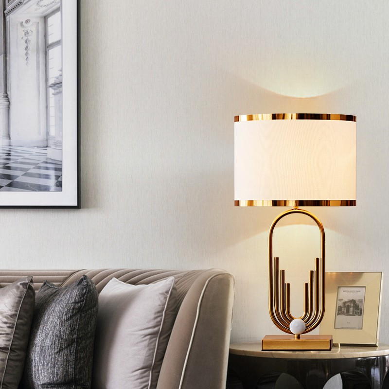 Modern Art Deco Gold Metal Table Lamp with Fabric Shade