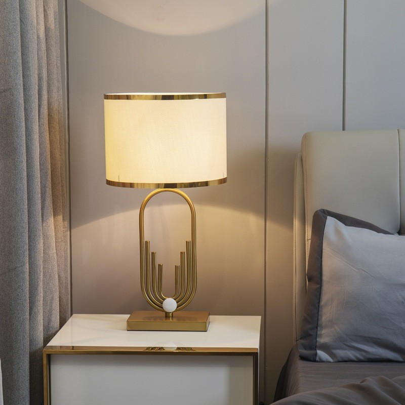 Modern Art Deco Gold Metal Table Lamp with Fabric Shade