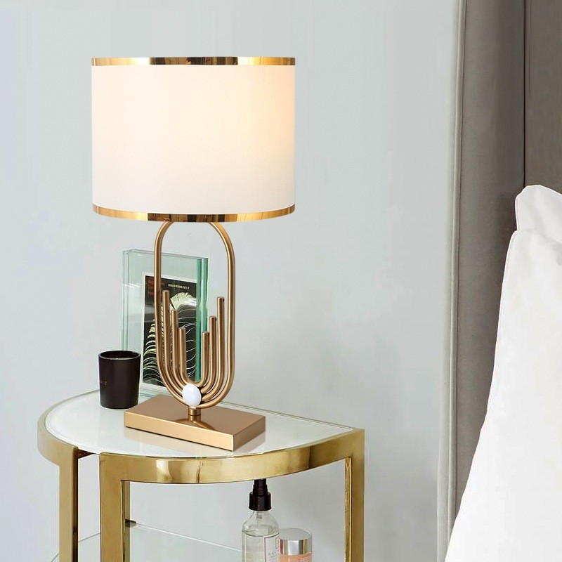 Modern Art Deco Gold Metal Table Lamp with Fabric Shade