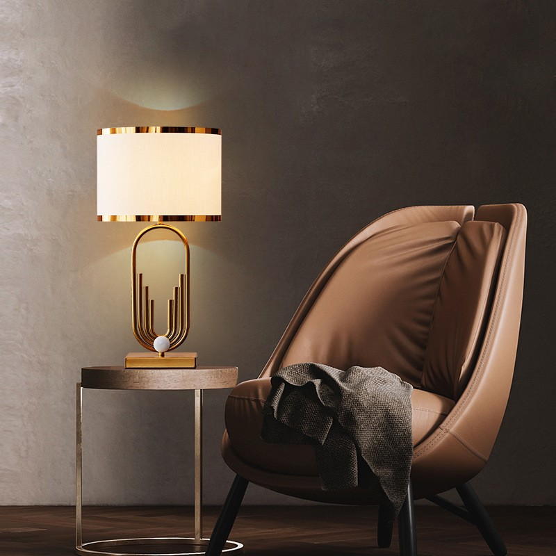 Modern Art Deco Gold Metal Table Lamp with Fabric Shade