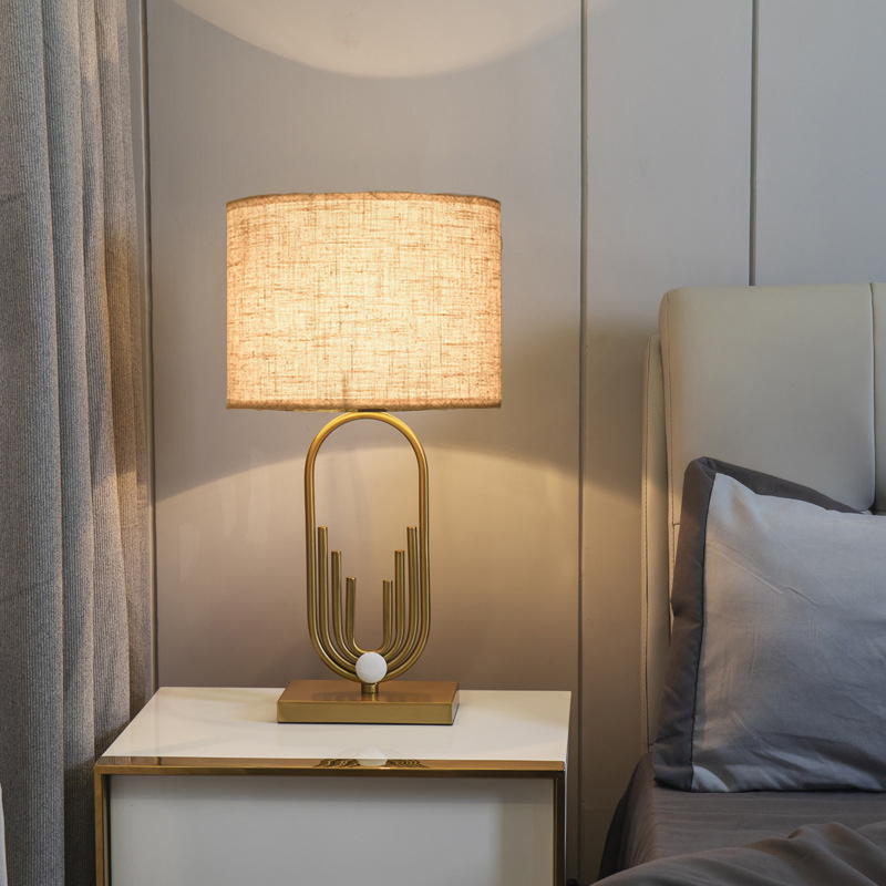 Modern Art Deco Gold Metal Table Lamp with Fabric Shade