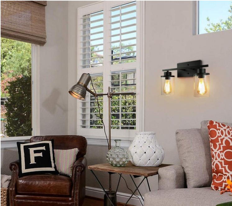 Industrial Black Metal Glass Wall Sconce for Living Room & Bedroom