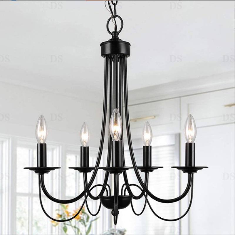 Vintage Black Wrought Iron 5-Light Candelabra Chandelier