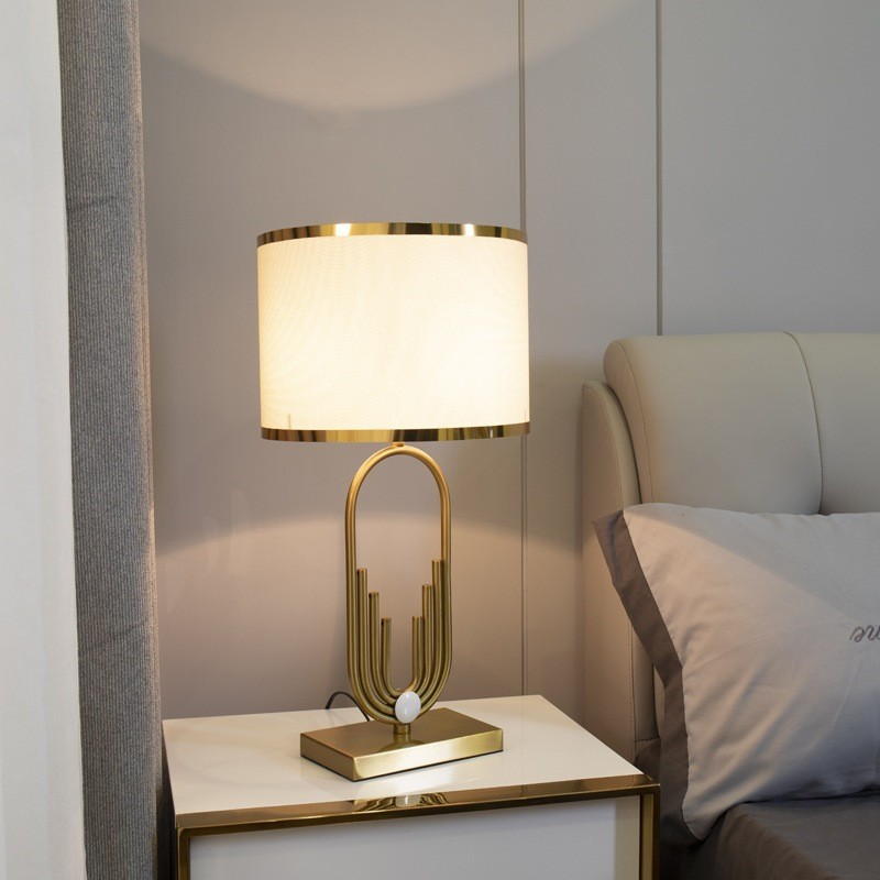 Modern Art Deco Gold Metal Table Lamp with Fabric Shade