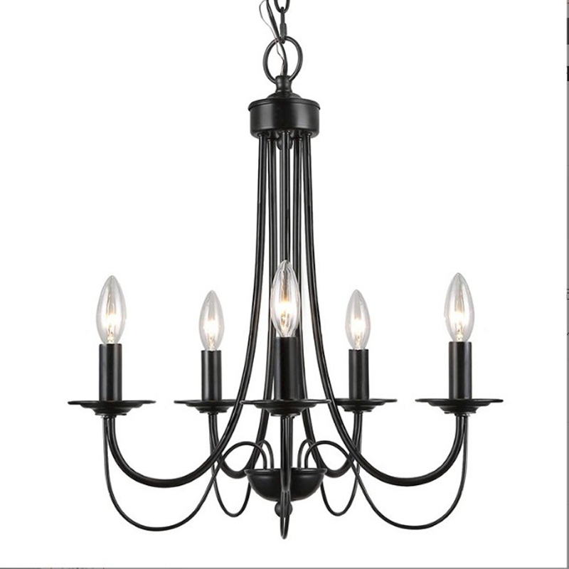 Vintage Black Wrought Iron 5-Light Candelabra Chandelier