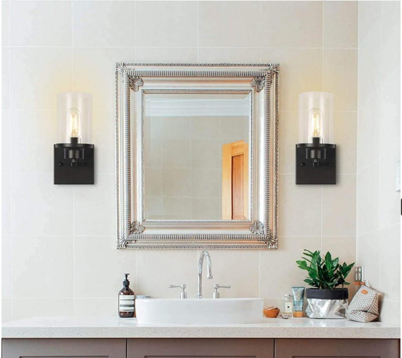 Industrial Black Metal Glass Wall Sconce for Living Room & Bedroom