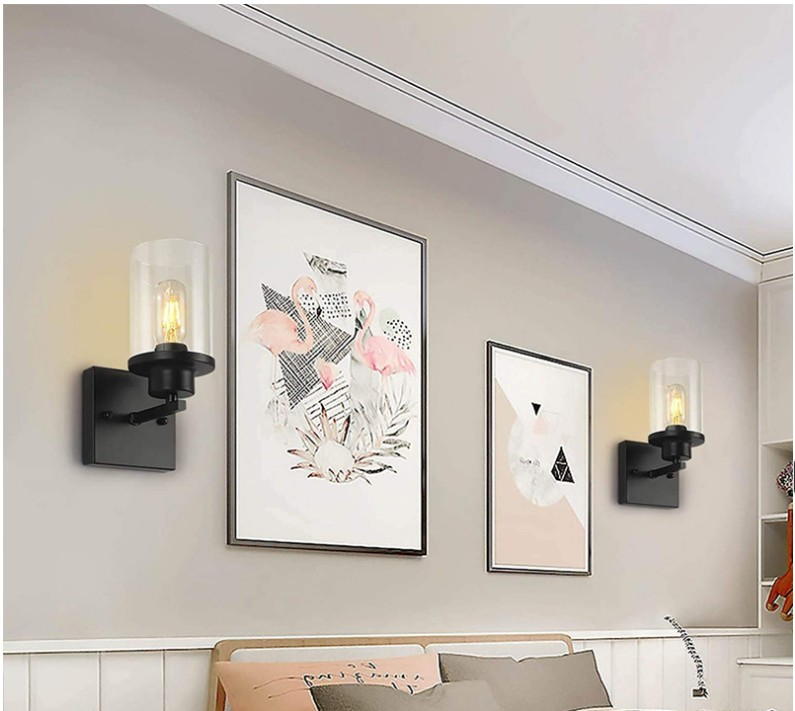 Industrial Black Metal Glass Wall Sconce for Living Room & Bedroom